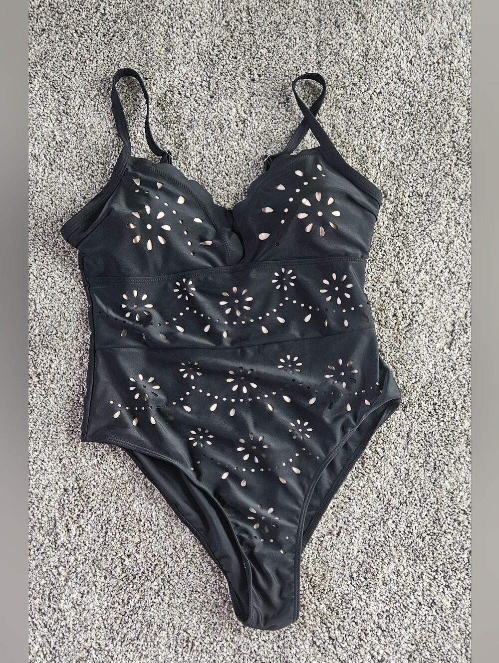 SHEIN Black Laser-Cut Floral One-Piece Swimsuit